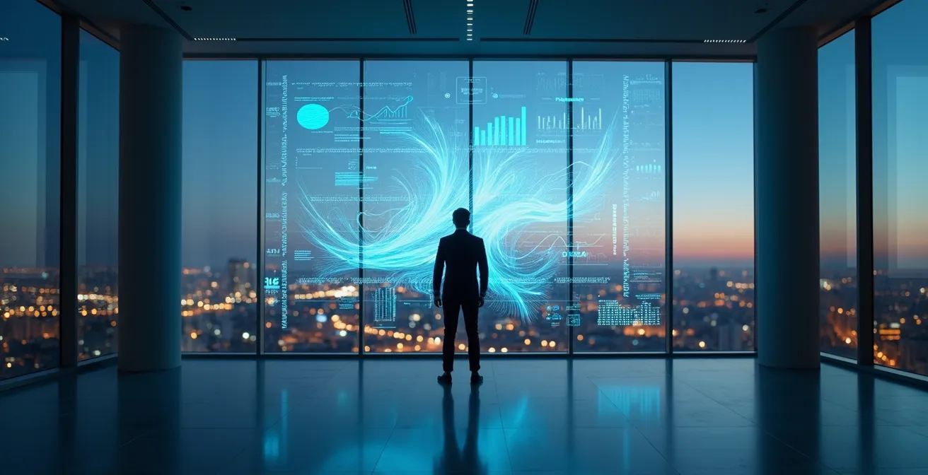 Finanzanalyst studiert holographische Datenprojektion mit Zukunftstrends