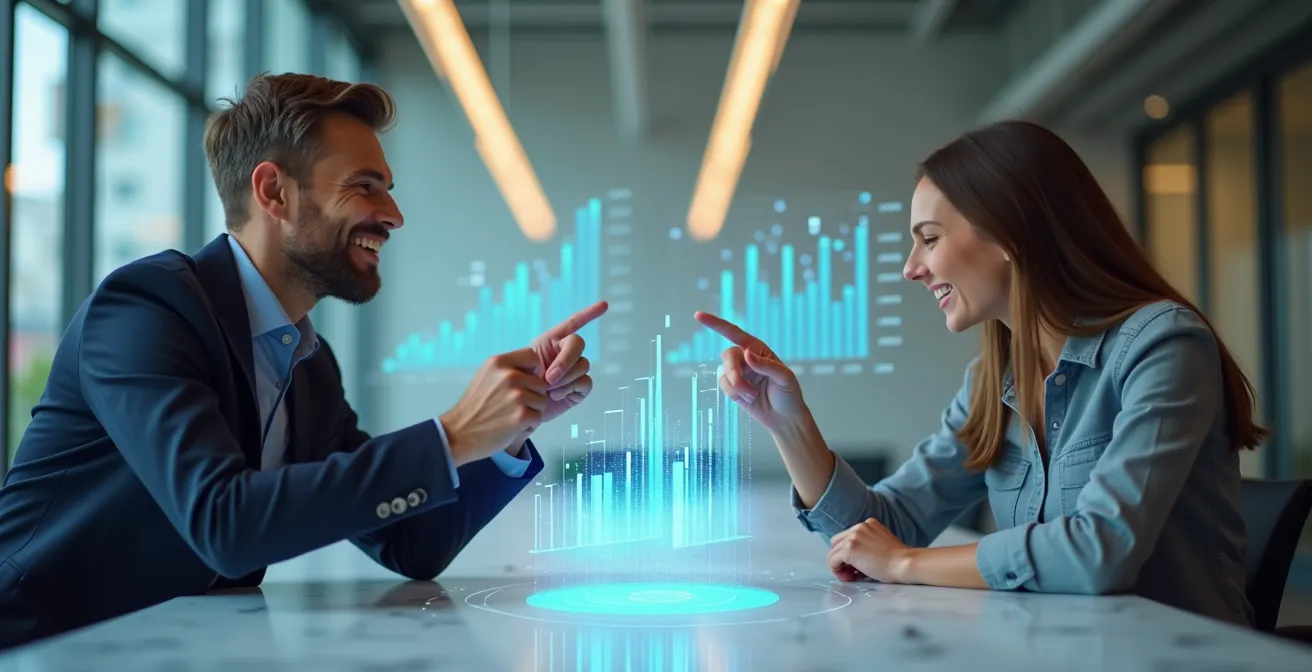 Berater und Kunde in kollaborativem Workshop-Setting mit abstrakten Wachstumsgrafiken