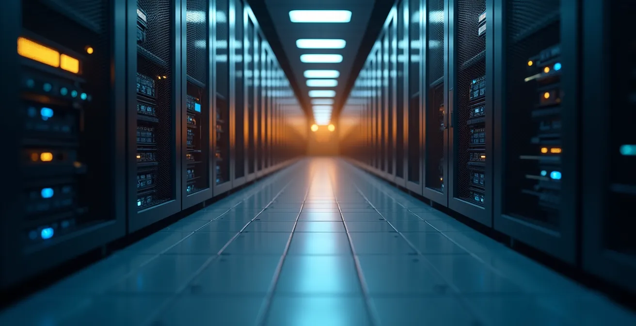 Modernes europäisches Rechenzentrum, das Sicherheit und DSGVO-Konformität symbolisiert