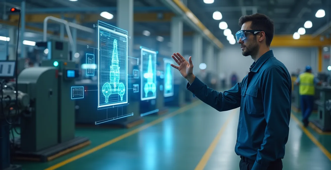 Techniker nutzt AR-Brille für virtuelle Maschinenwartung im Industrial Metaverse