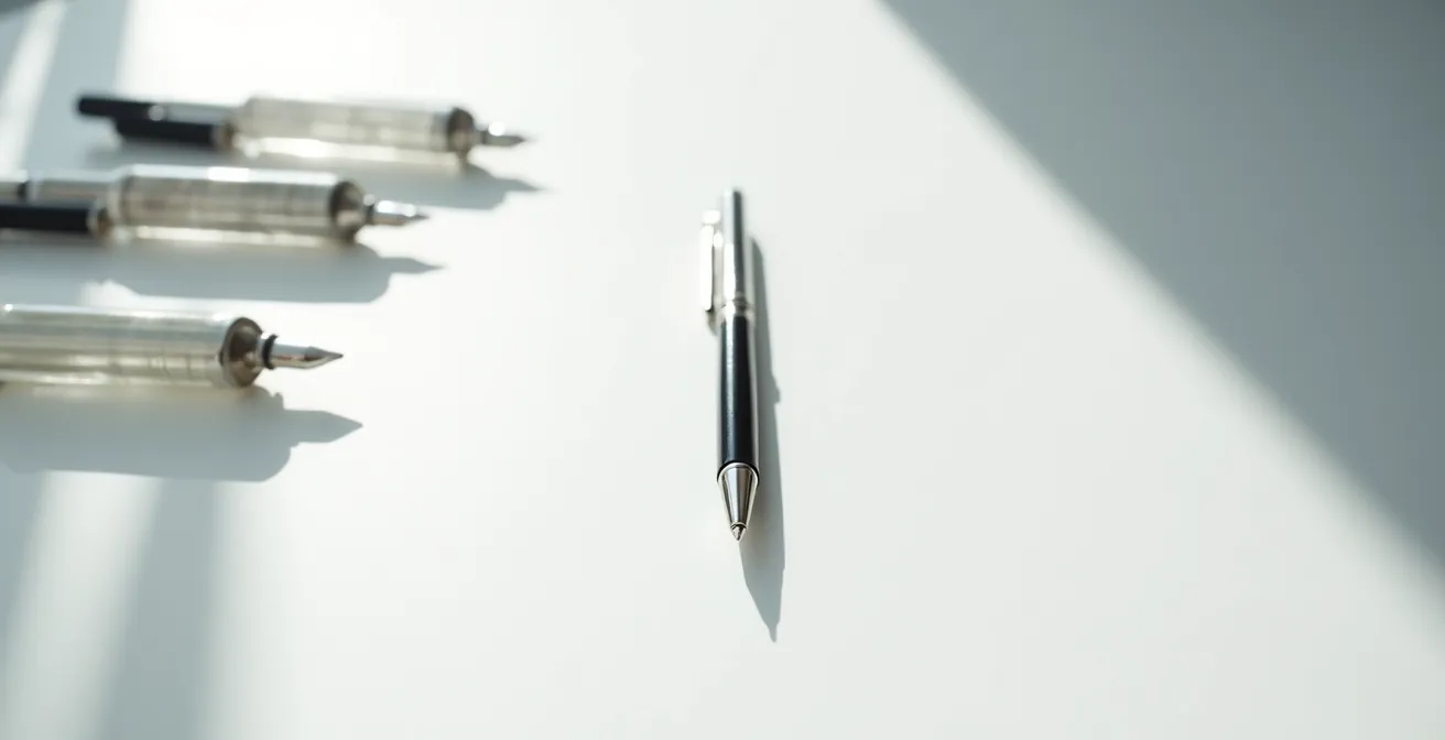 Visualisierung einer schlanken Genehmigungsstruktur mit einer einzigen notwendigen Unterschrift, symbolisiert durch einen einzelnen Stift, während unnötige Genehmigungsebenen als unscharfe Stifte im Hintergrund dargestellt sind.