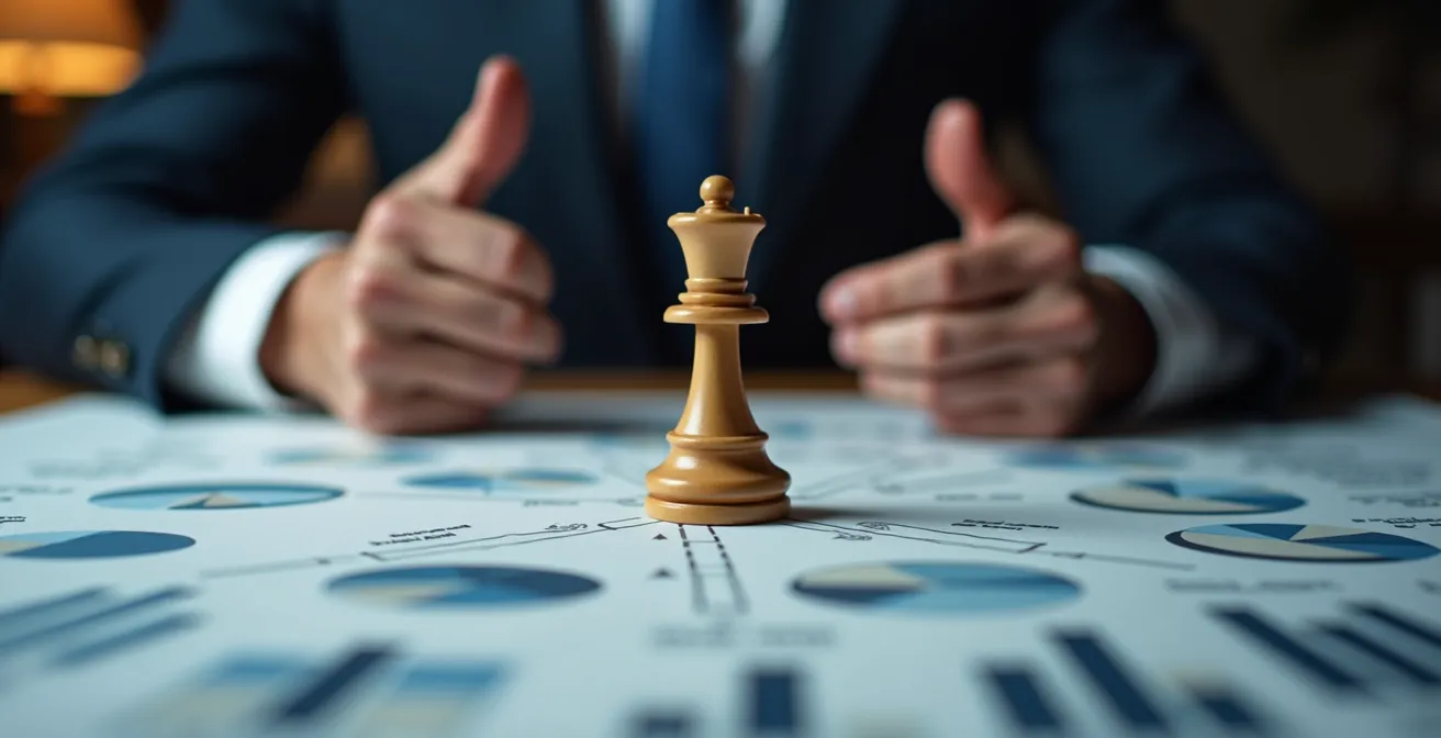 Geschäftsmeeting, in dem die Hände eines fokussierten Entscheidungsträgers eine entscheidende Geste über abstrakten Geschäftsunterlagen machen, um die Identifizierung von Autorität zu symbolisieren.