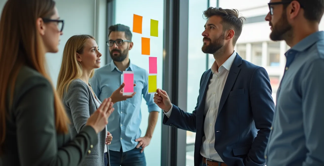 Team bei strukturierter Retrospektive mit Post-its an Glaswand