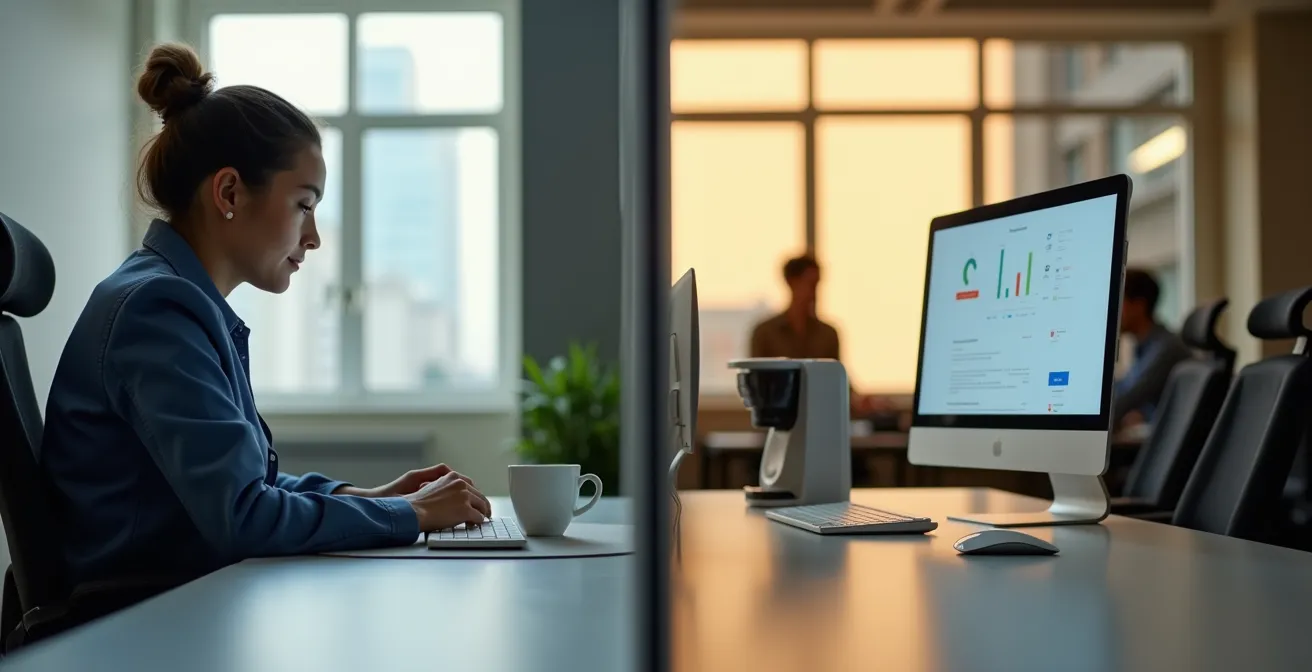 Mitarbeiter integriert neue Arbeitsroutine in bestehende Gewohnheiten durch das Stapeln mit der Kaffeepause.