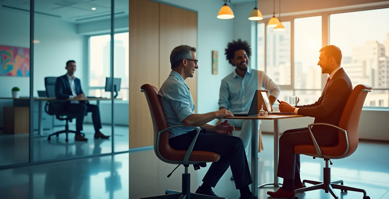 Verschiedene Business Angel Personas in ihren typischen Arbeitsumgebungen, die unterschiedliche Investoren-Archetypen repräsentieren.