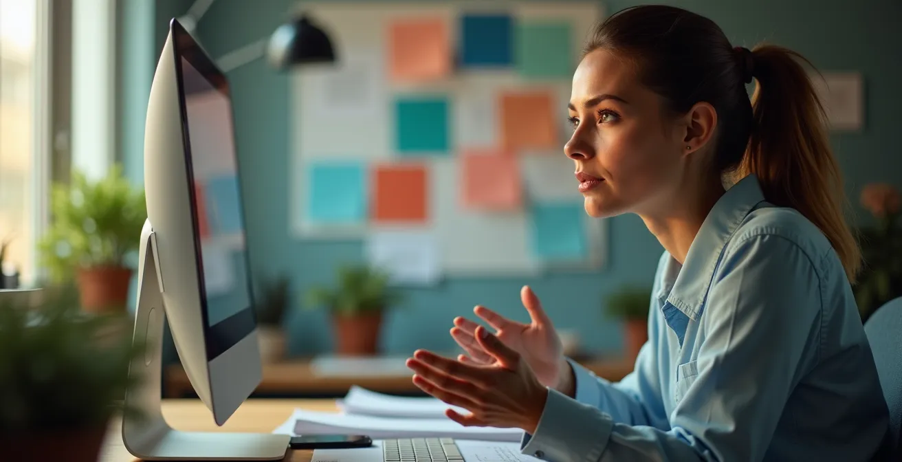 Kreativer Arbeitsplatz mit KI-unterstützter Texterstellung und Markenstimmen-Anpassung