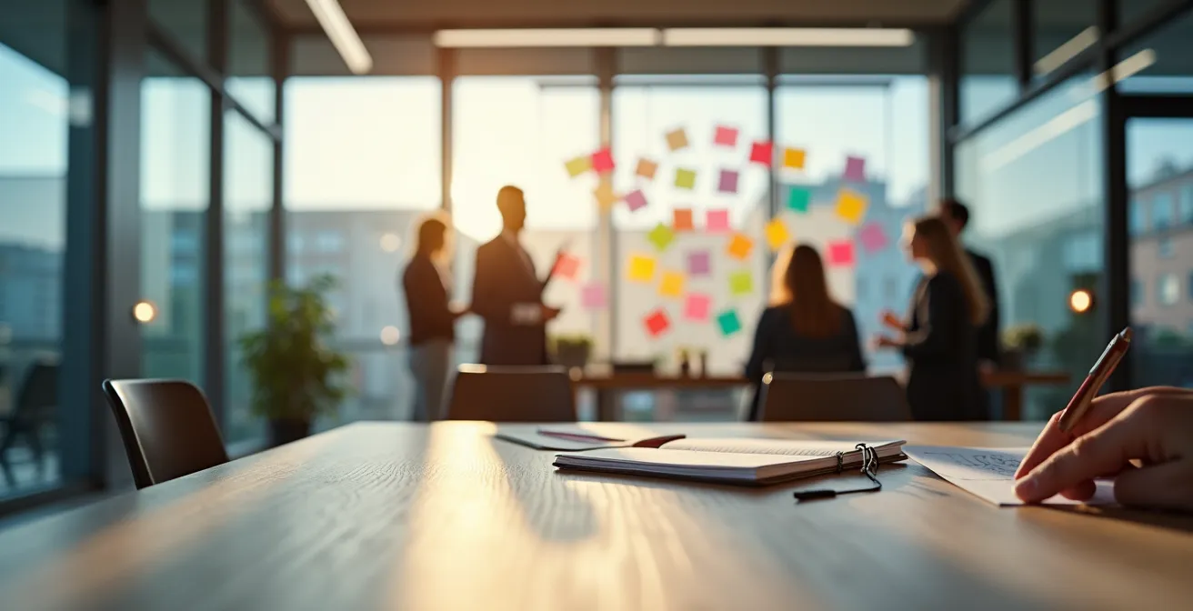 Weitwinkelaufnahme eines modernen Büroraums mit abstrakten Feedback-Visualisierungen