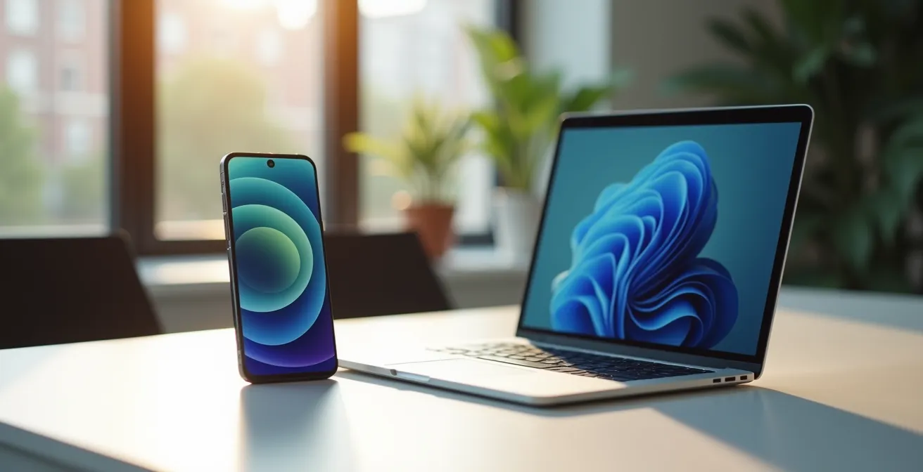 Arbeitsplatz mit Smartphone und Laptop zeigt responsive Webdesign