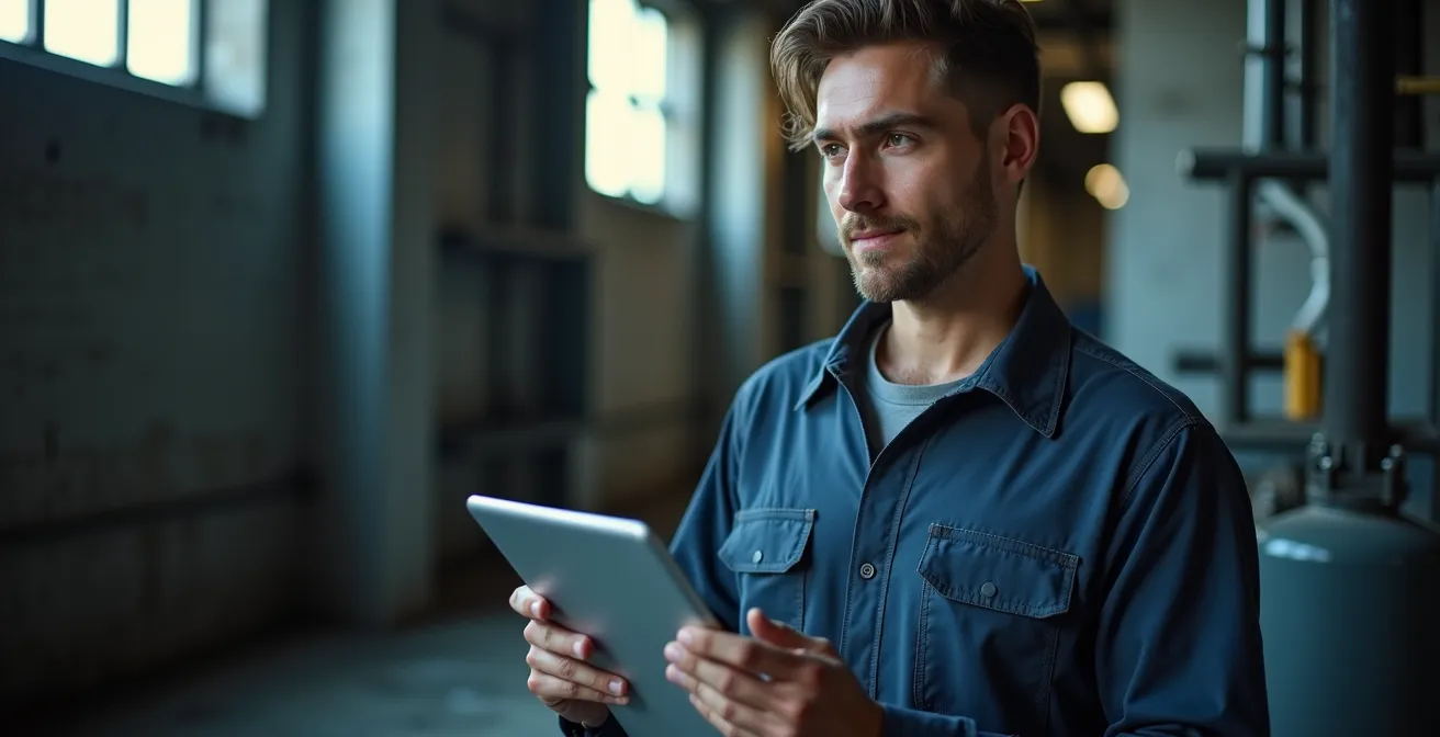 Techniker mit Tablet in Industriehalle ohne Netzempfang, der offline produktiv weiterarbeitet