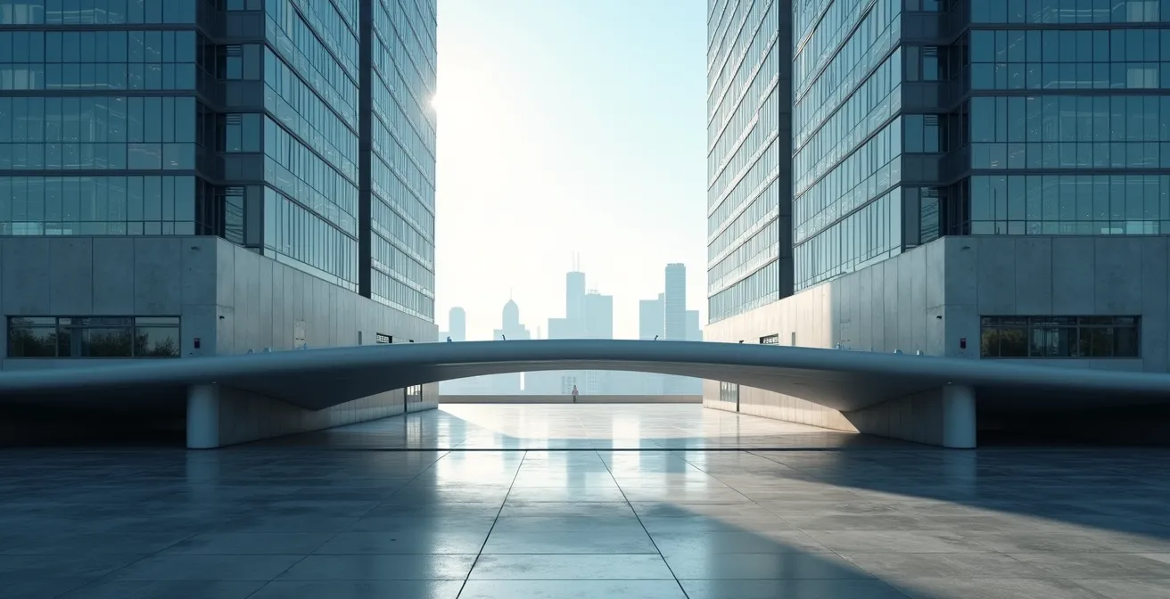 Abstrakte Brücke verbindet zwei Geschäftswelten und symbolisiert die Überbrückung der Kommunikationslücke zwischen Produktfeatures und Kundennutzen.