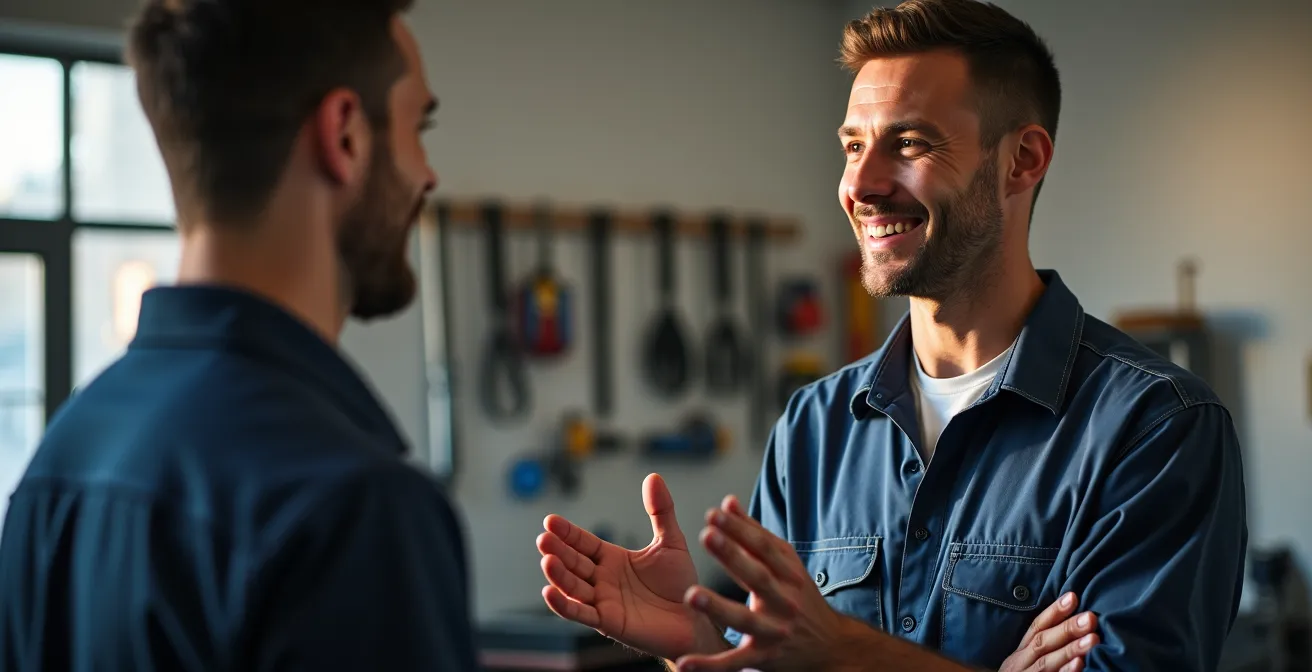 Servicetechniker in professionellem Gespräch mit Kunde über Serviceleistungen