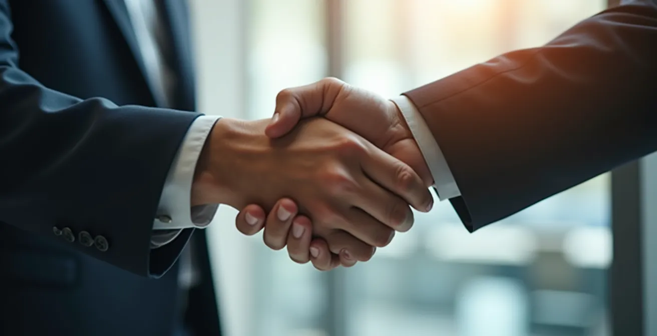 Zwei Geschäftsleute schütteln Hände über einem Vertragskonzept mit abstrakten Verbindungslinien, was den Abschluss eines Service Level Agreements symbolisiert.