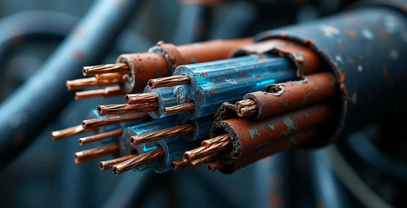 Visualisierung technischer Schulden, die durch Quick-Fix-Lösungen in der IT-Architektur entstehen und zu einem chaotischen Kabelsalat führen.