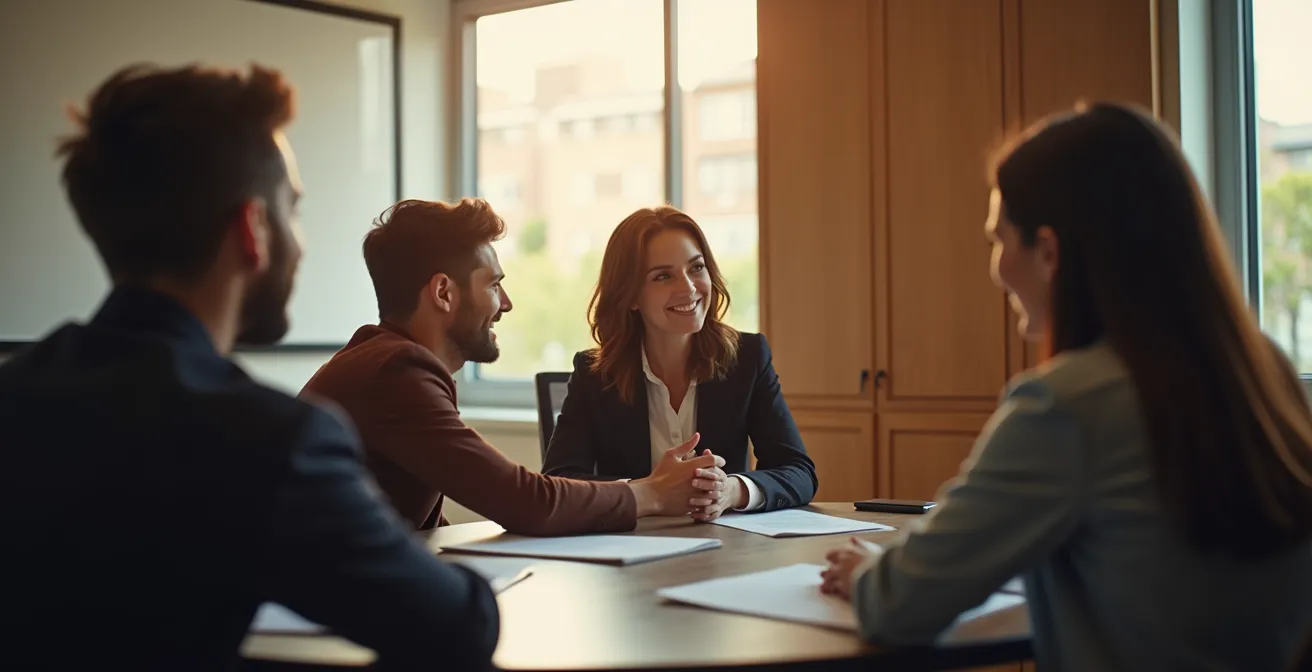 Mitarbeiter in vertrauensvoller Gesprächsrunde mit anonymen Silhouetten