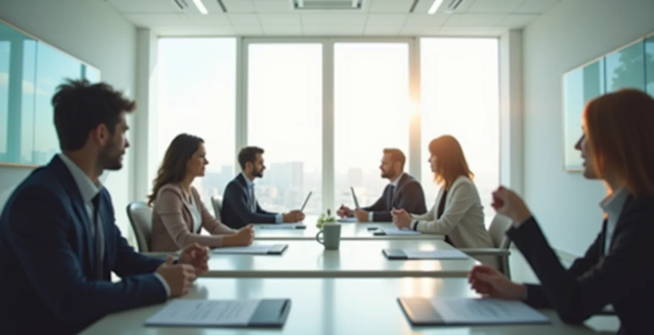 Interaktive Vertriebsschulung in modernem Schulungsraum, in der Teams in Rollenspielen üben.