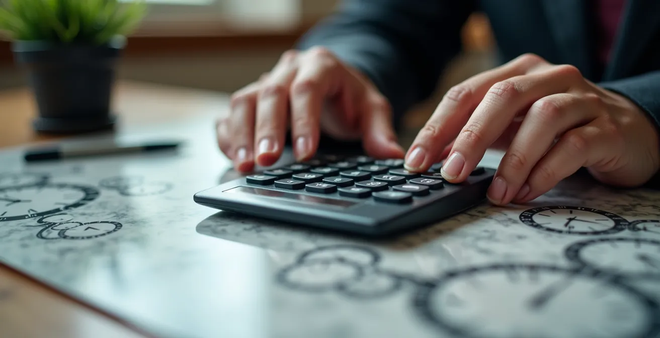 Nahaufnahme von Händen mit Taschenrechner und abstrakten Zeitdiagrammen, die die Berechnung von Zeitersparnis symbolisieren.